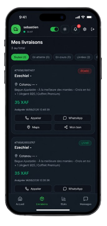 Aperçu de l'interface livreur sur mobile